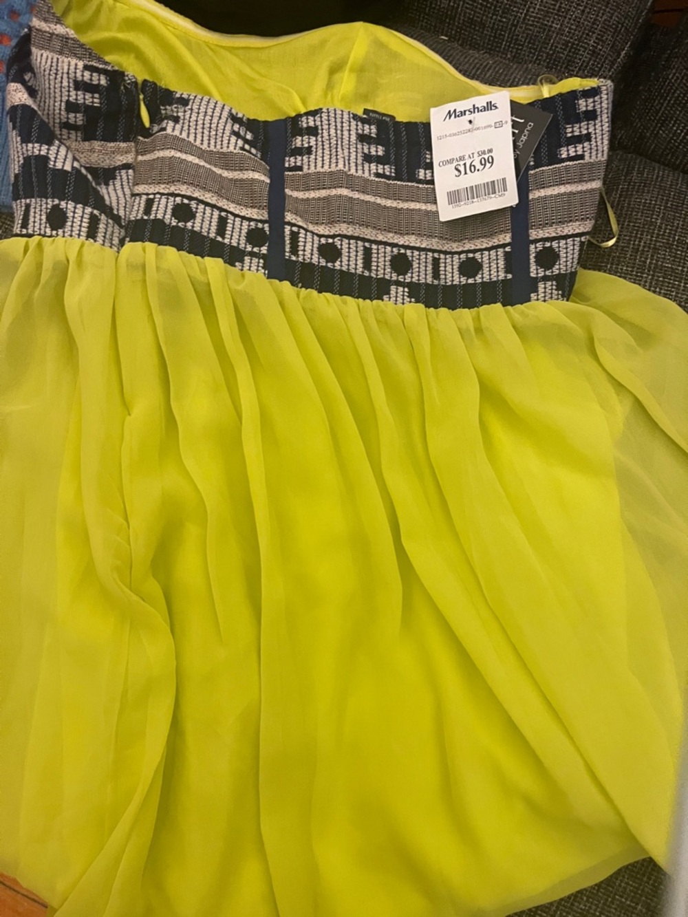 Marshalls Neon Lime Chiffon Mini Skirt with Navy & Cream Patterned Waistband